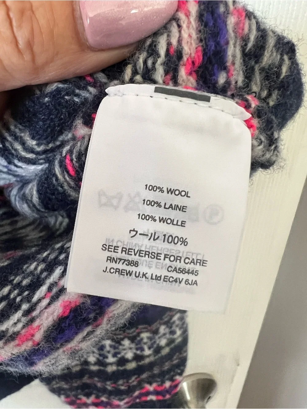J. Crew Navy Fair Isle Turtleneck with Pink and Cream Stripes. 100% Wool. XL